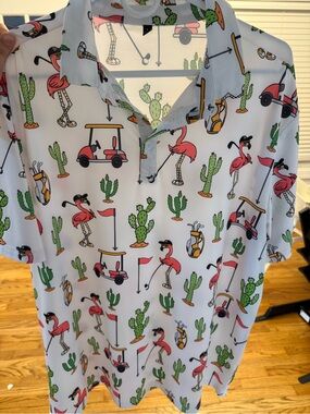 Amazon White Flamingo Polo with Green Cactus and Orange Accents